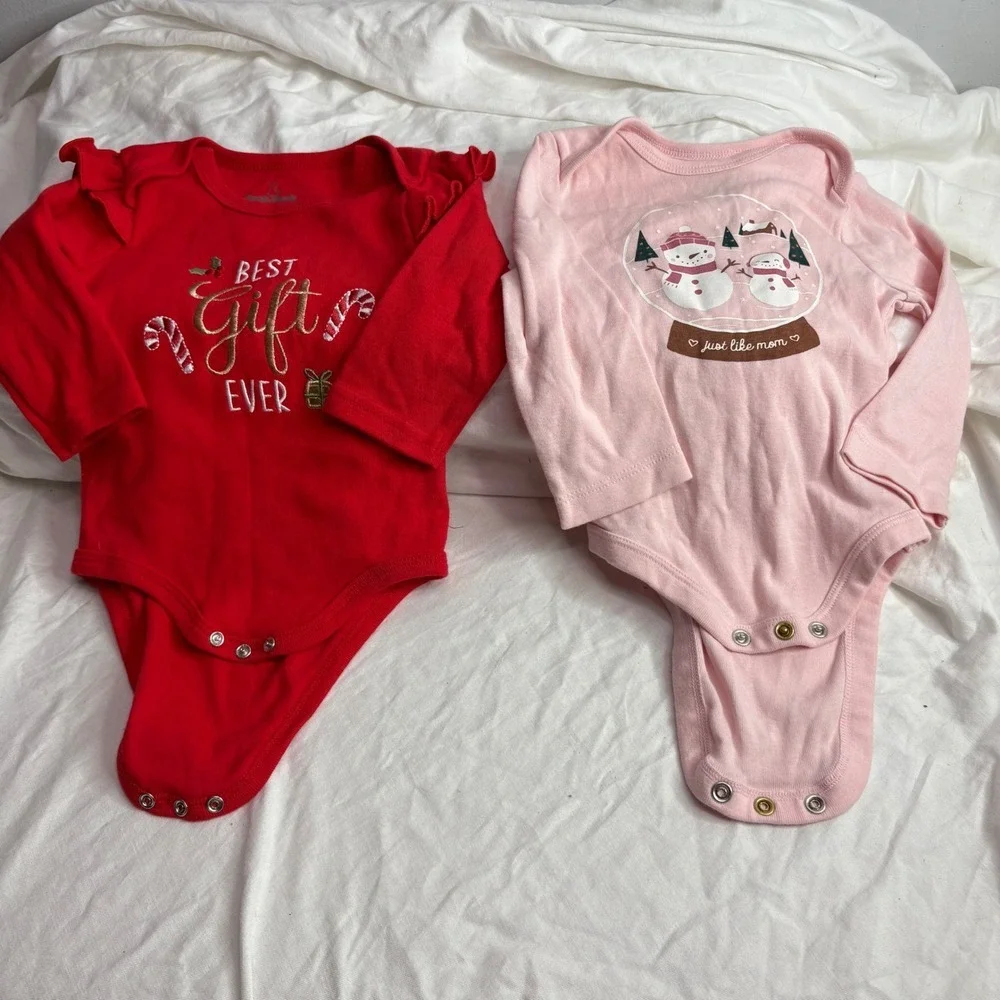 Baby Girls Christmas Long Sleeve Bodysuits 2 Pack Red Gift Pink Snowman 3-6M